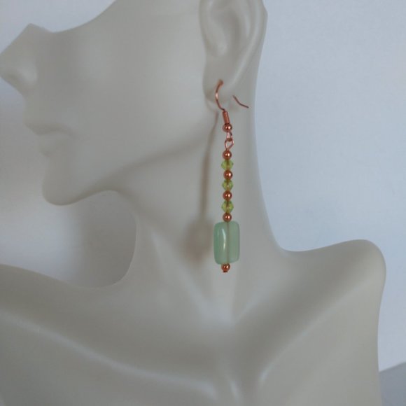 Green Dangle Earrings With Copper Plated Fishhook Wires Handmade 2.5 Inches - Picture 8 of 16